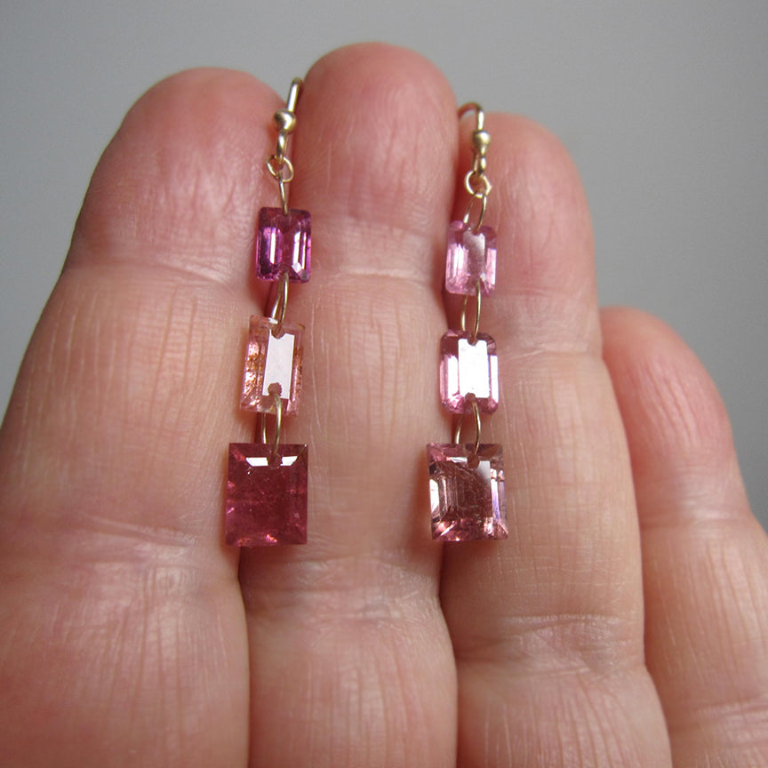 multi pink tourmaline baguette triple drop solid 14k gold earrings2