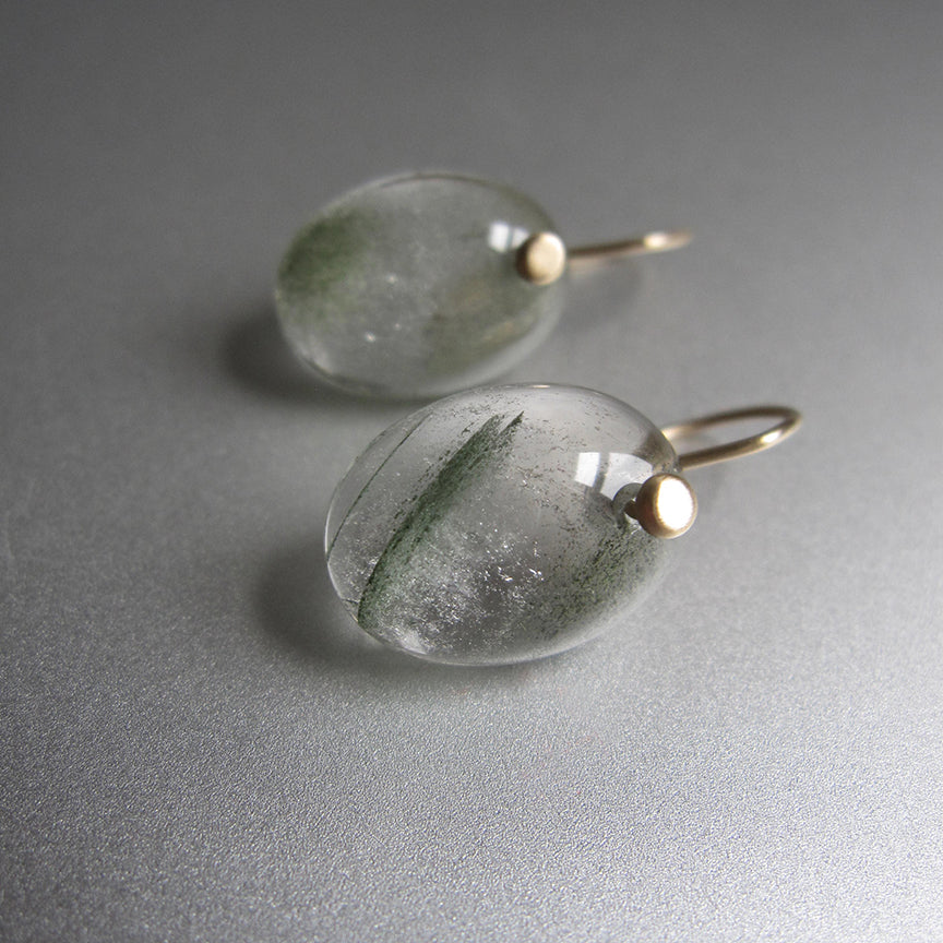 green lodolite included quartz smooth oval cabochon drops solid 14k gold earrings3