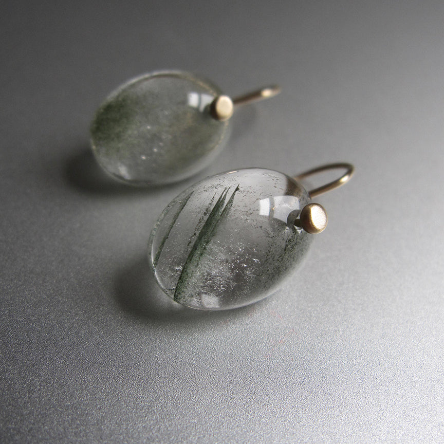 green lodolite included quartz smooth oval cabochon drops solid 14k gold earrings4