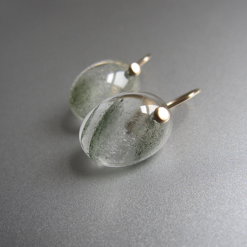 green lodolite included quartz smooth oval cabochon drops solid 14k gold earrings