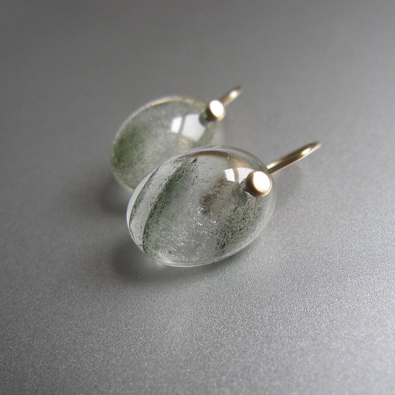 green lodolite included quartz smooth oval cabochon drops solid 14k gold earrings