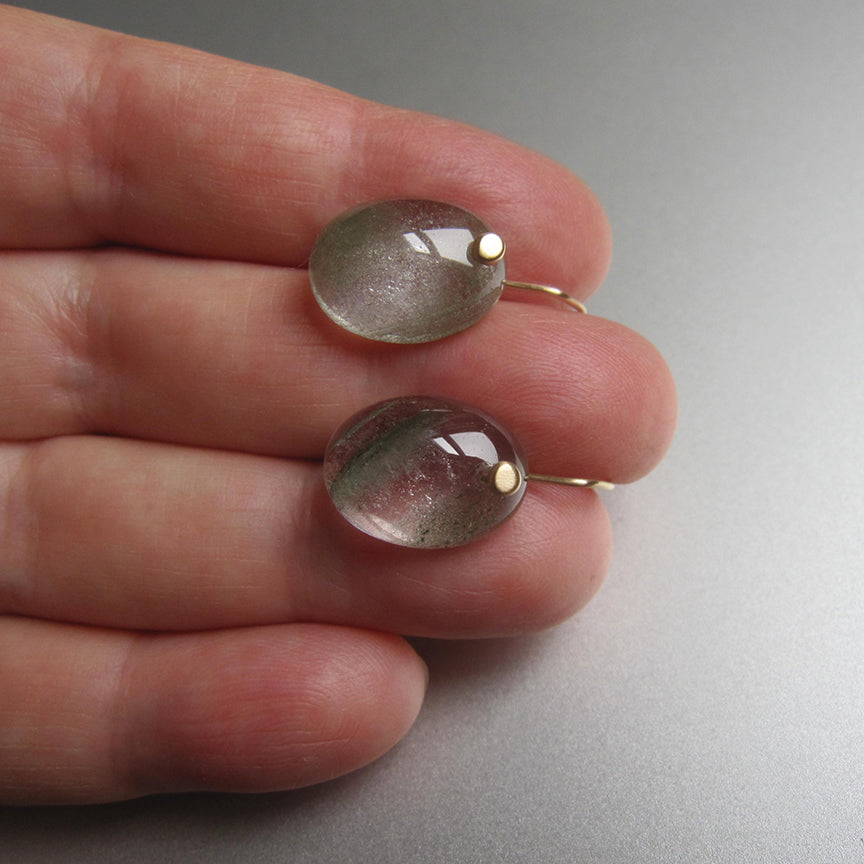 green lodolite included quartz smooth oval cabochon drops solid 14k gold earrings6