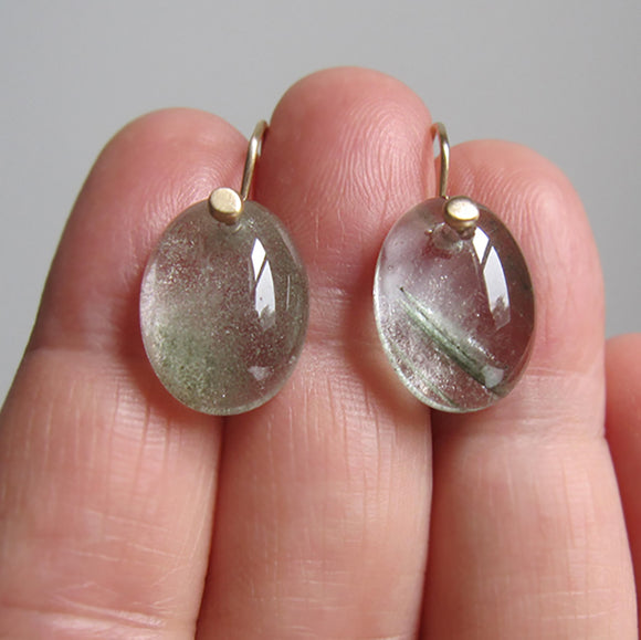 green lodolite included quartz smooth oval cabochon drops solid 14k gold earrings