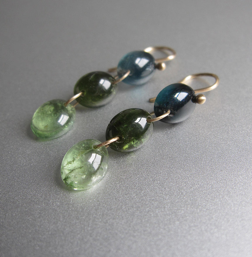smooth blue and green tourmaline oval cabochon triple drops solid 14k gold earrings2