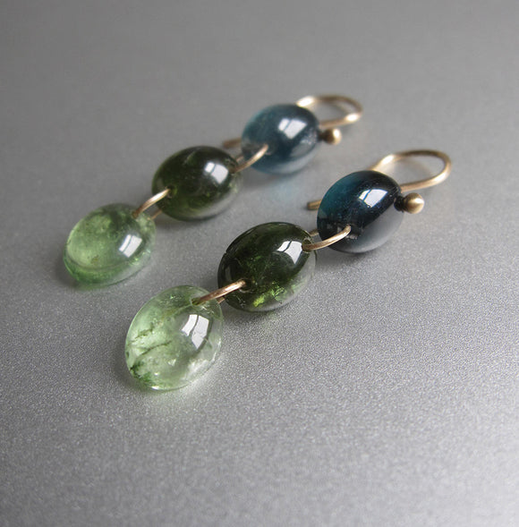 smooth blue and green tourmaline oval cabochon triple drops solid 14k gold earrings