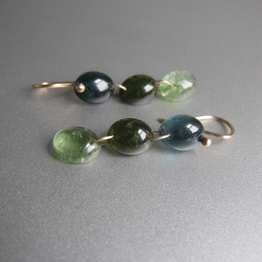 smooth blue and green tourmaline oval cabochon triple drops solid 14k gold earrings3