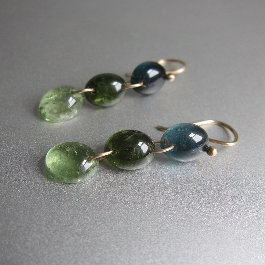 smooth blue and green tourmaline oval cabochon triple drops solid 14k gold earrings4