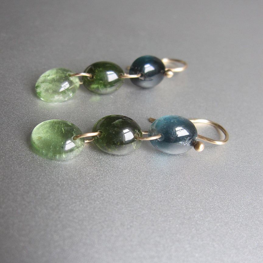 smooth blue and green tourmaline oval cabochon triple drops solid 14k gold earrings5