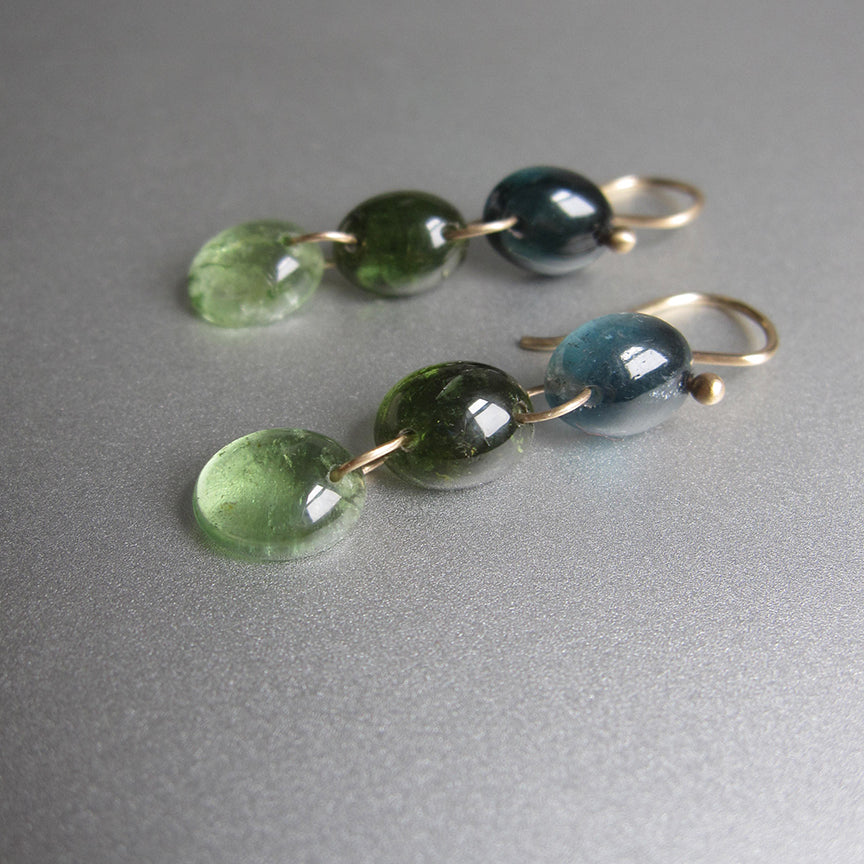 smooth blue and green tourmaline oval cabochon triple drops solid 14k gold earrings