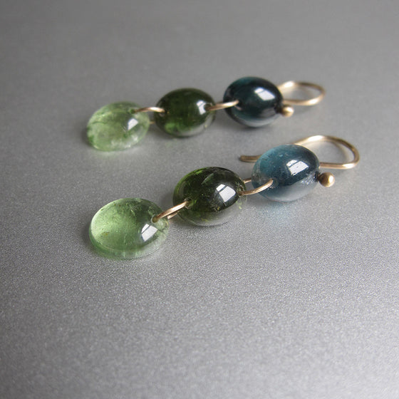 smooth blue and green tourmaline oval cabochon triple drops solid 14k gold earrings