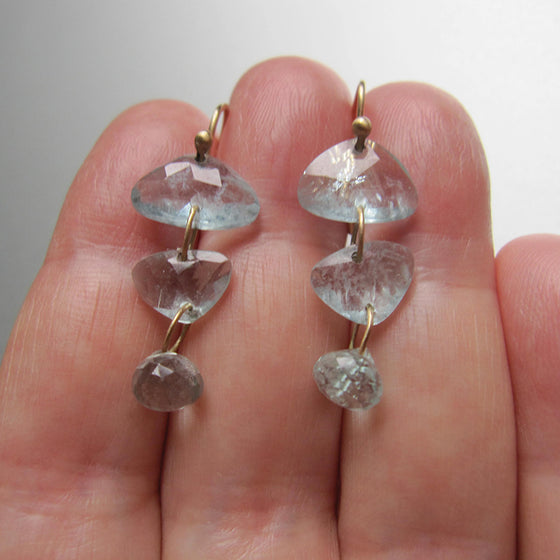 aquamarine triple drops solid 14k gold earrings