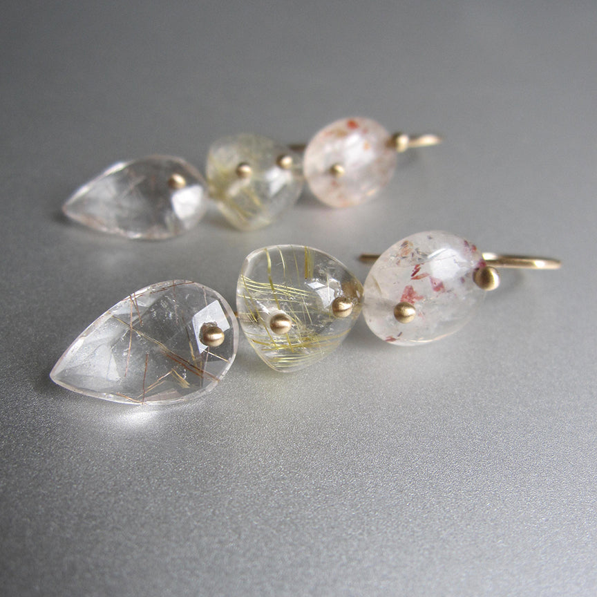Sunstone, Golden and Copper Rutilated  Quartz Triple Drops, Solid 14k Gold Drop Earrings