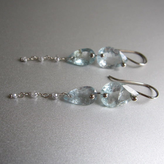 aquamarine double drop with gray diamond beads solid 14k white gold earrings