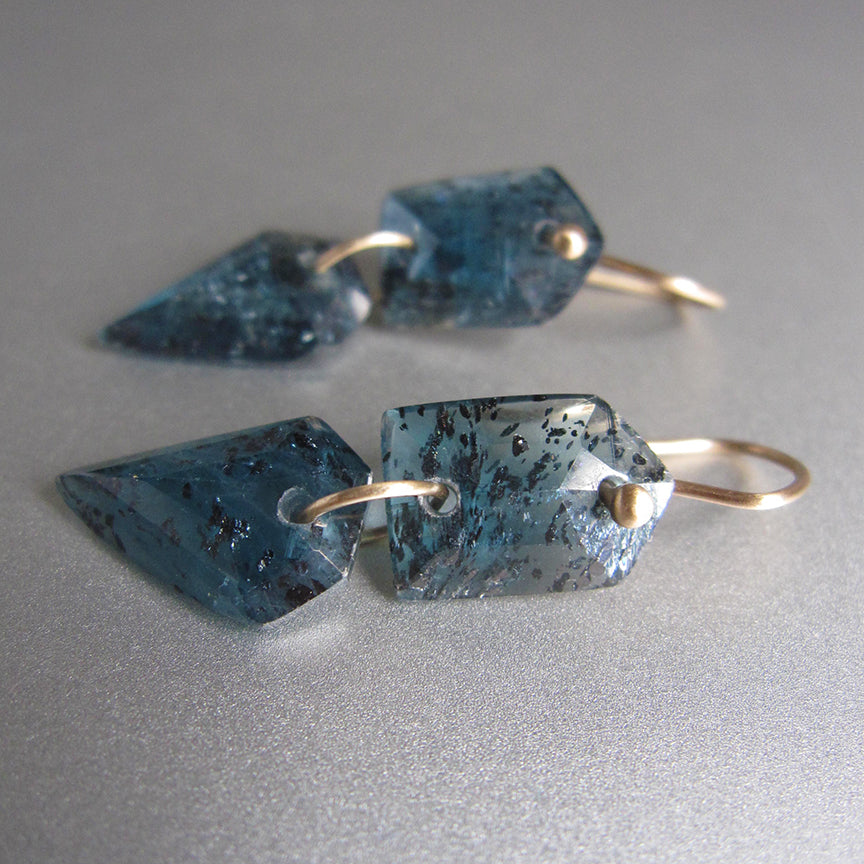 mossy teal kyanite shield and kite double drops solid 14k gold earrings