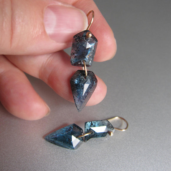 mossy teal kyanite shield and kite double drops solid 14k gold earrings