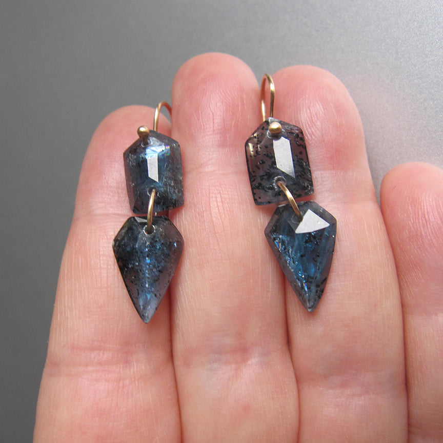 mossy teal kyanite shield and kite double drops solid 14k gold earrings6