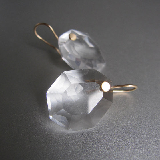 clear crystal quartz rose cut drops solid 14k gold earrings