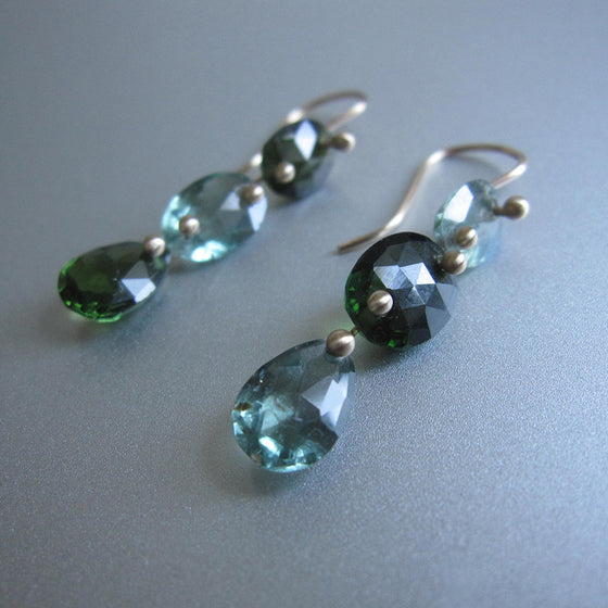 blue and green tourmaline oval and drop triple drops solid 14k gold earrings
