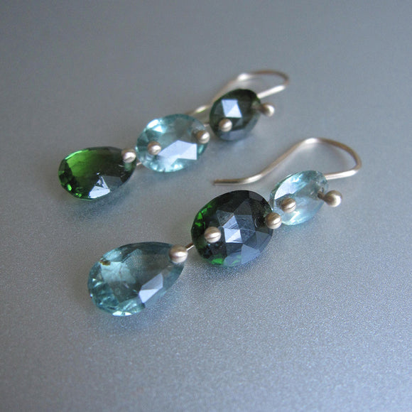 blue and green tourmaline oval and drop triple drops solid 14k gold earrings