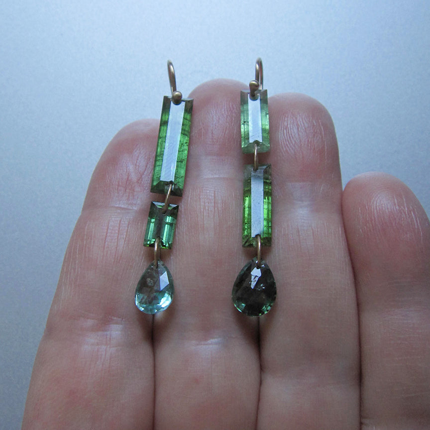 mismatched blue green tourmaline triple drops solid 14k gold earrings2