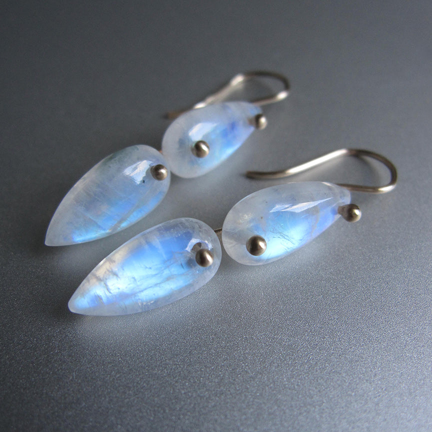 Rainbow Moonstone, Smooth Double Drops, Solid 14k Gold Earrings