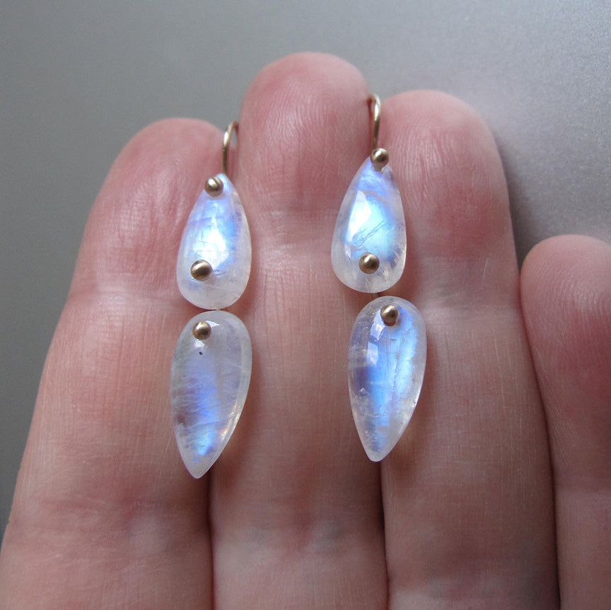 Rainbow Moonstone, Smooth Double Drops, Solid 14k Gold Earrings2