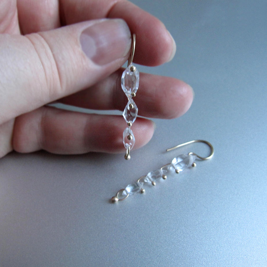 Crystal Quartz Triple Drops, Solid 14k Gold Drop Earrings