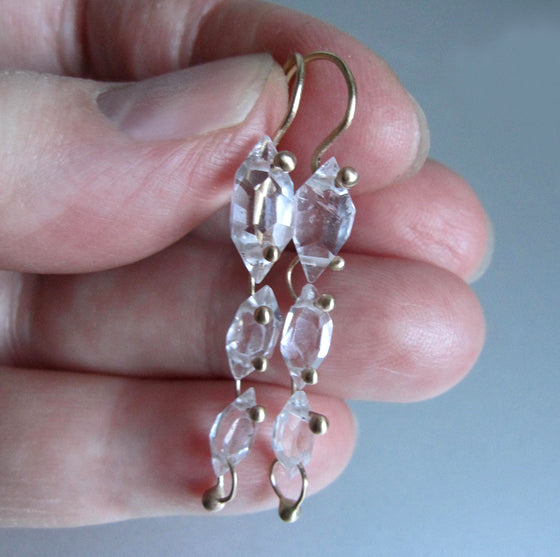 Crystal Quartz Triple Drops, Solid 14k Gold Drop Earrings