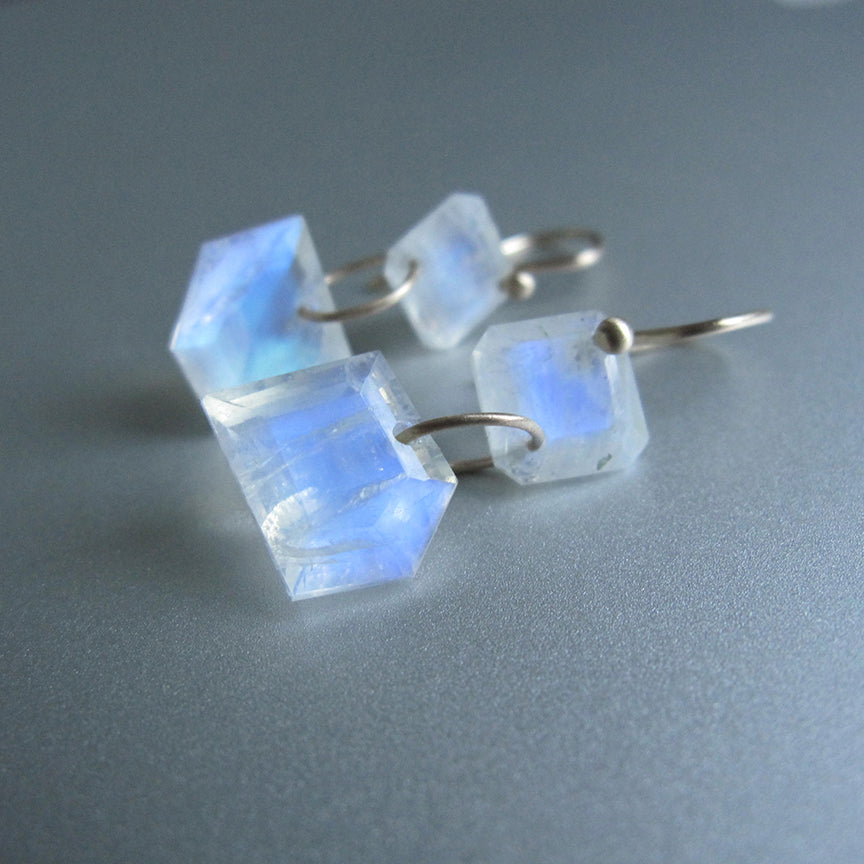 mismatched angular blue moonstone double drops solid 14k gold earrings