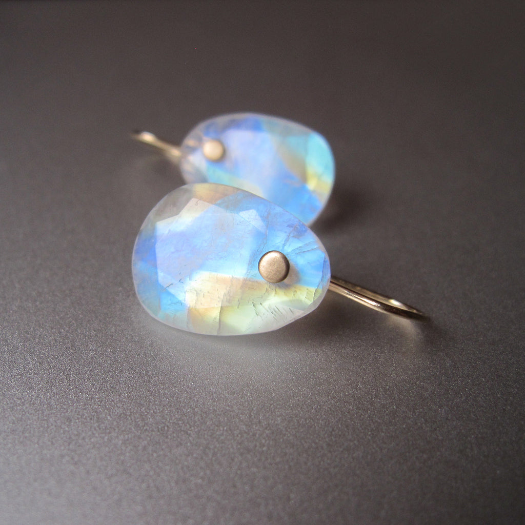 station cut rainbow moonstone egg shaped drops solid 14k gold earrings