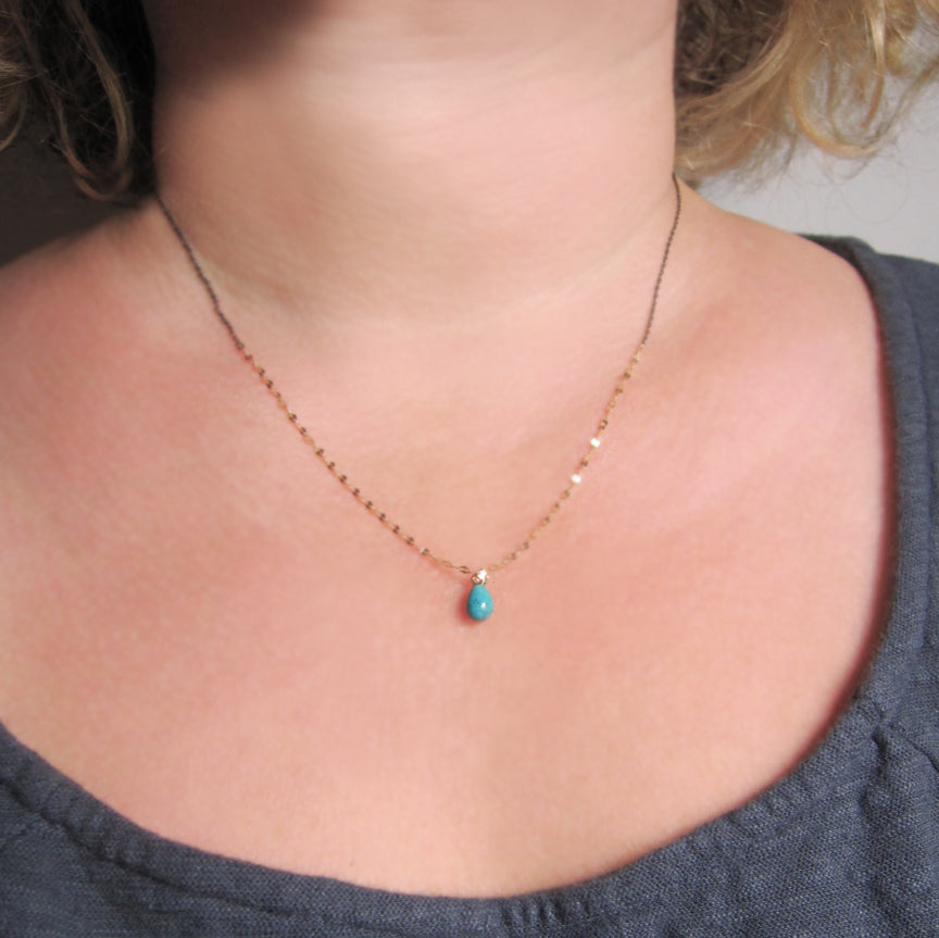 Mixed metals sterling and 14k yellow gold chain with small turquoise drop necklace3