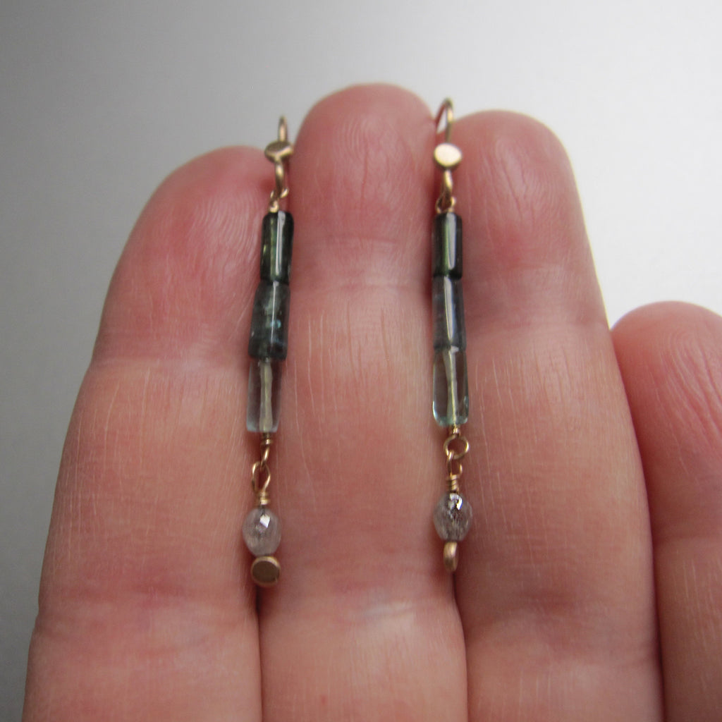 indicolite tourmaline crystal genuine diamond bead long drop solid 14k gold earrings5
