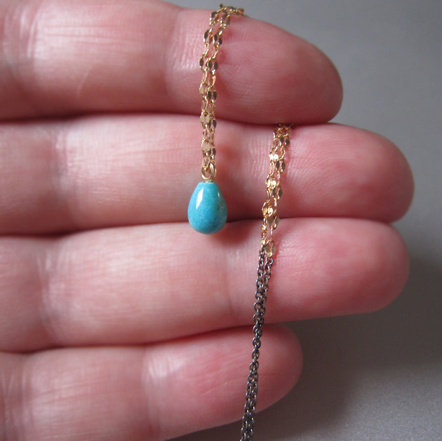 Mixed metals sterling and 14k yellow gold chain with small turquoise drop necklace7