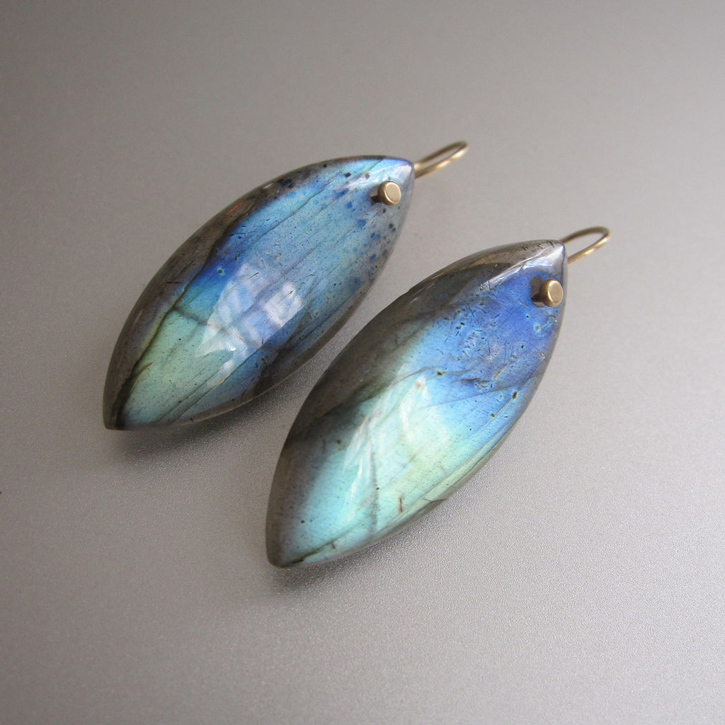 labradorite blue to green thick navette drops solid 14k gold earrings