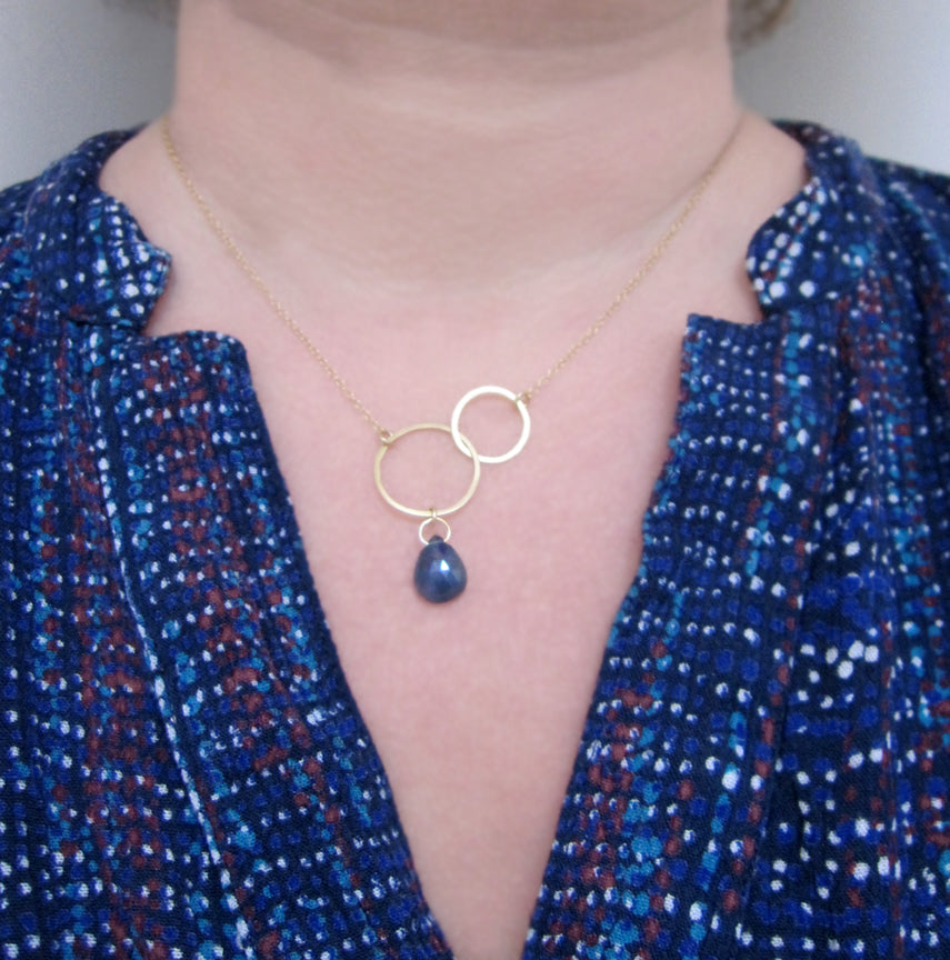 double circle sapphire drop solid 18k gold necklace5