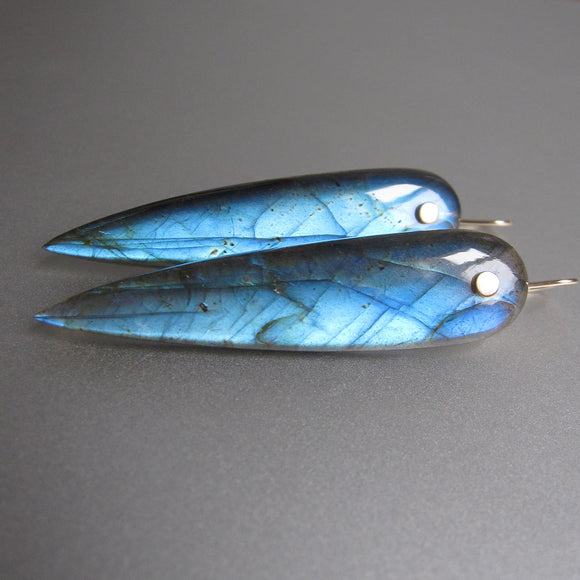 very long labradorite blue pointed drops solid 14k gold earrings
