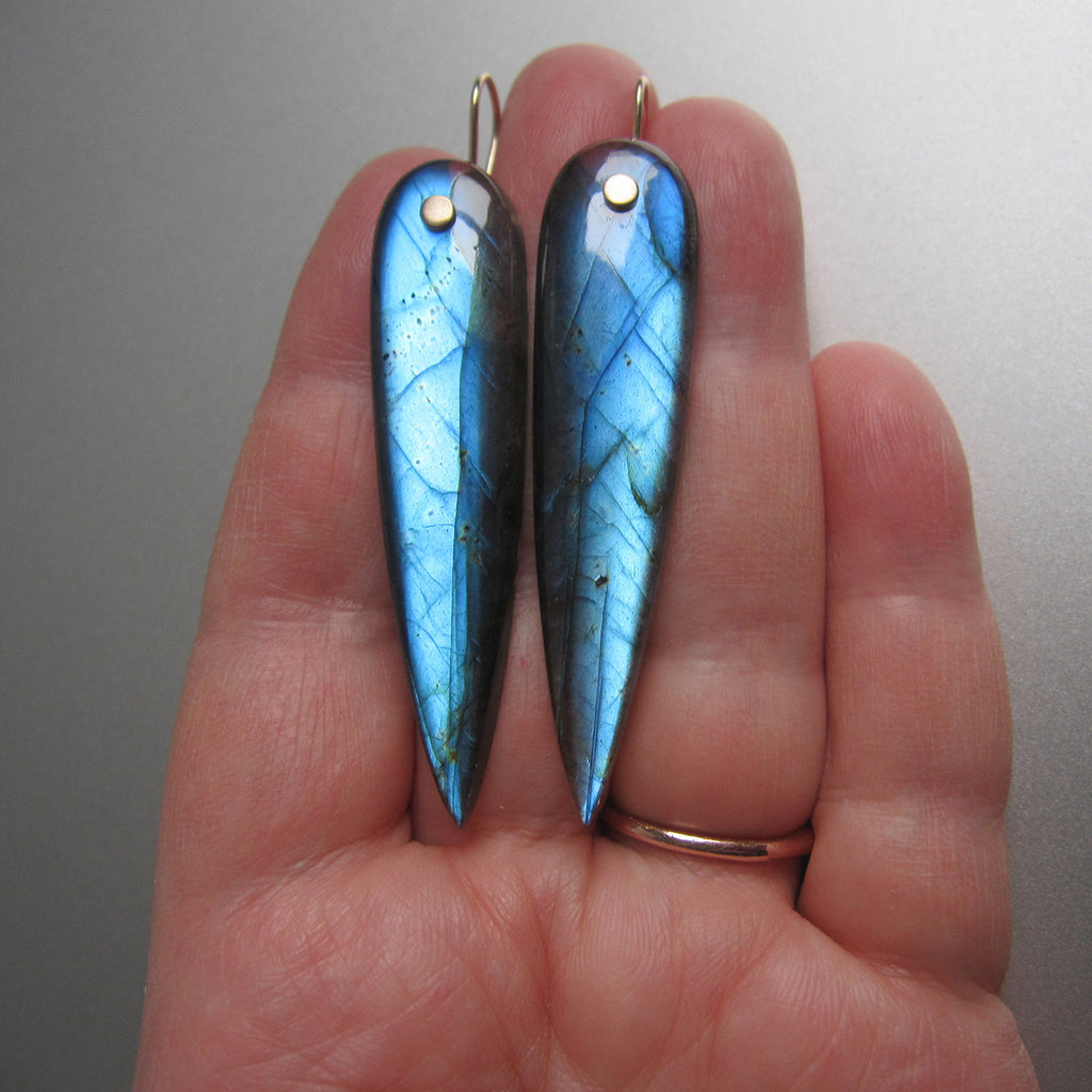 very long labradorite blue pointed drops solid 14k gold earrings