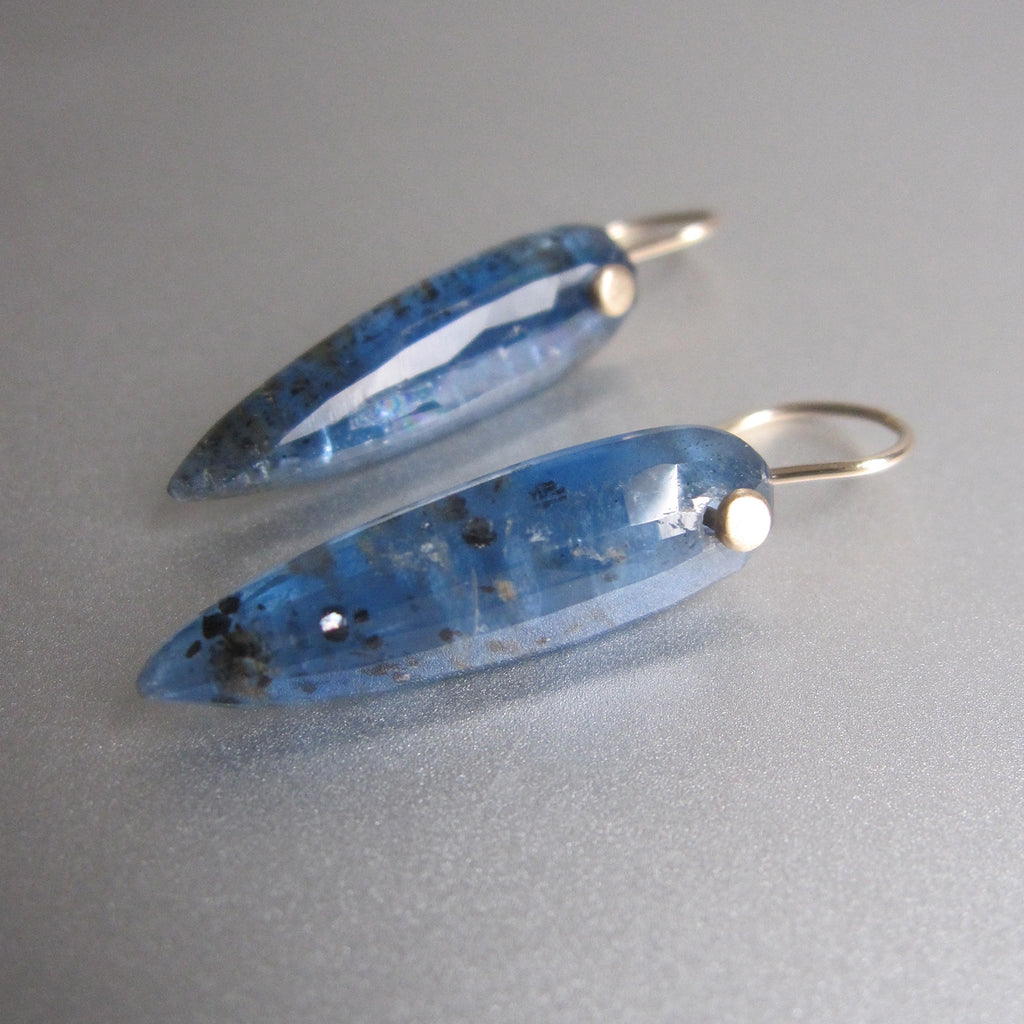 mossy blue kyanite pointed drops solid 14k gold earrings
