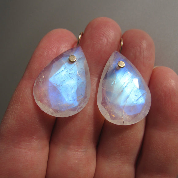 large rose cut blue rainbow moonstone drops solid 14k gold earrings