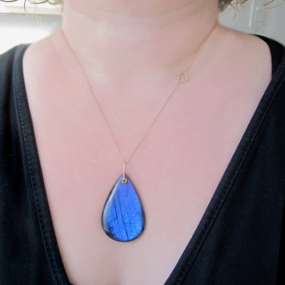 large blue labradorite drop solid 14k rose gold necklace