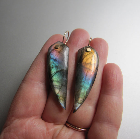 rainbow labradorite pointed drops solid 14k gold earrings
