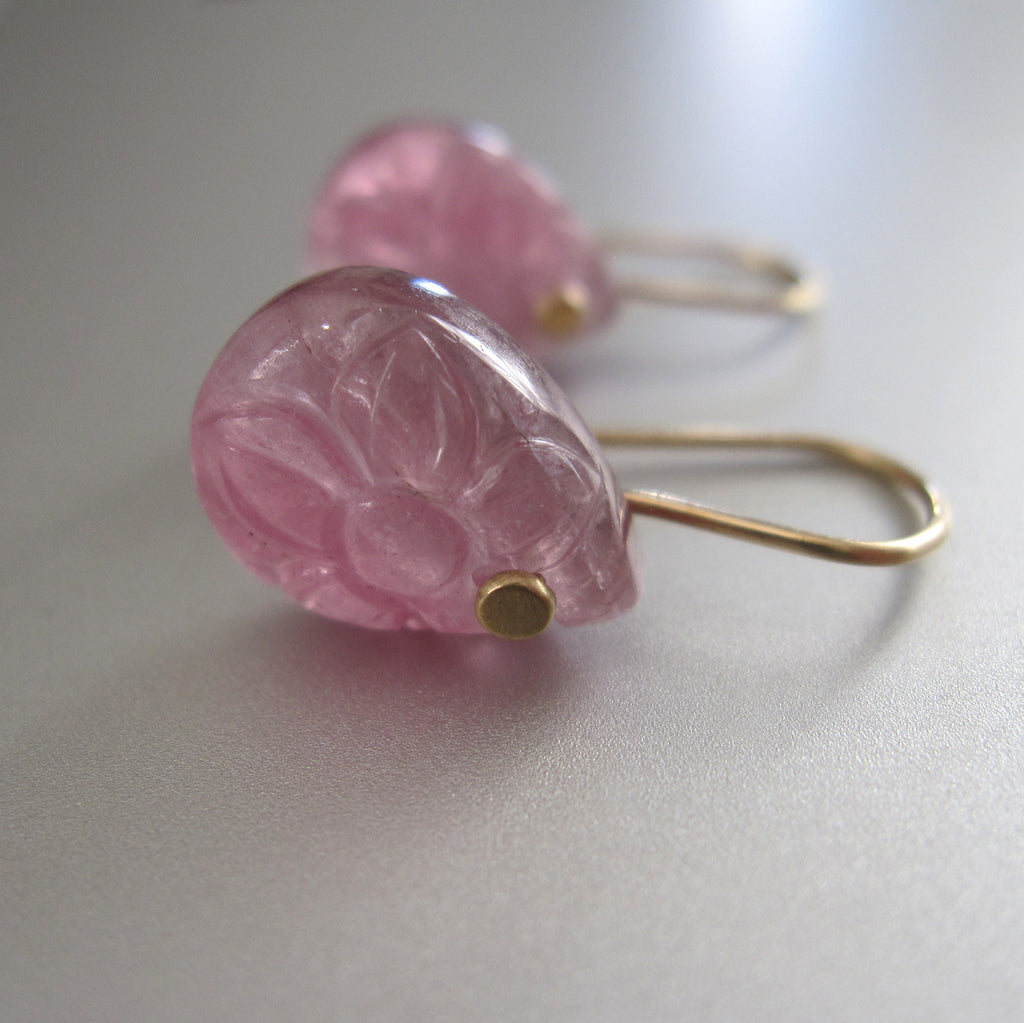Pink Tourmaline Carved Floral Drops Solid 14k Gold Earrings
