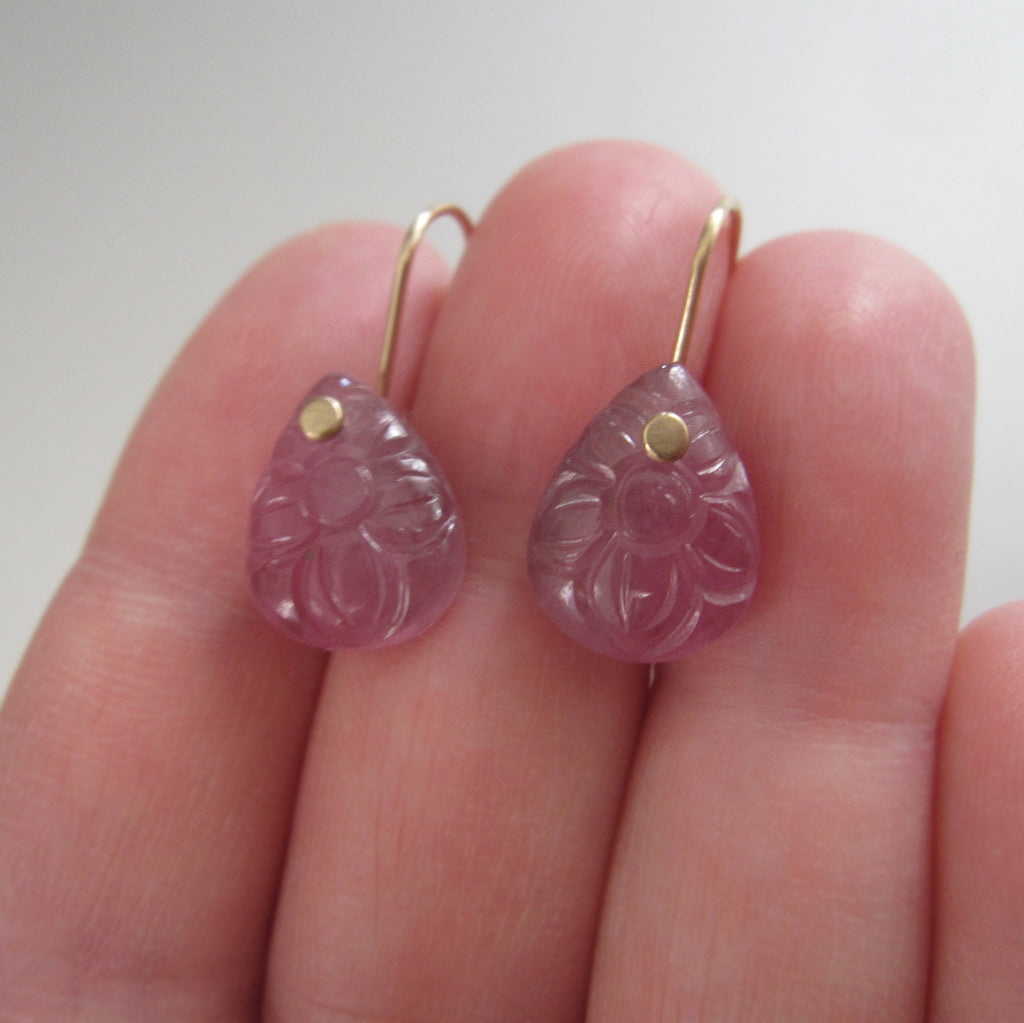 Pink Tourmaline Carved Floral Drops Solid 14k Gold Earrings