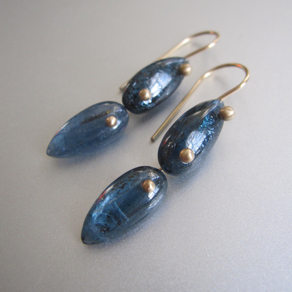 mossy blue kyanite smooth double drop solid 14k gold earrings