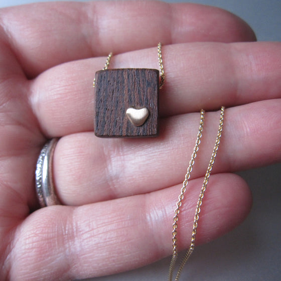 recycled wood and gold heart necklace solid 14k gold necklace valentine