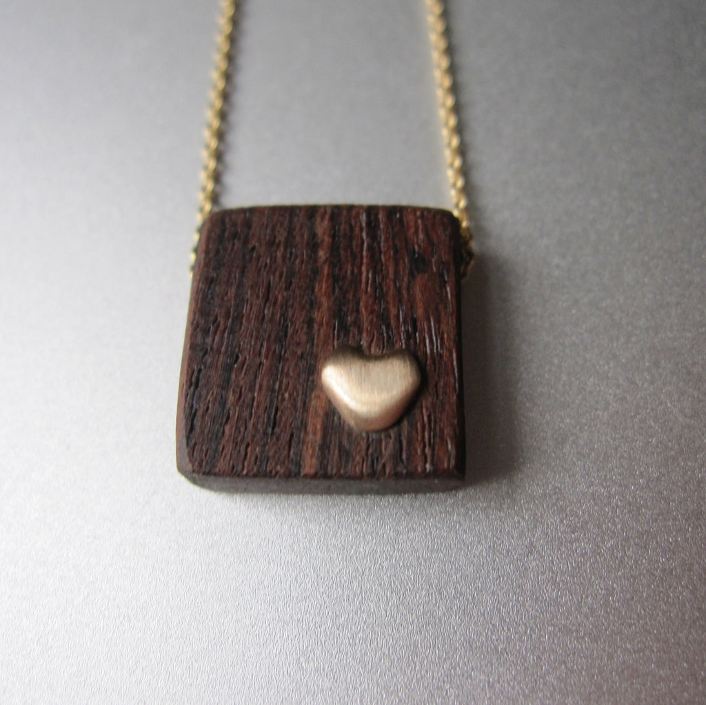recycled wood and gold heart necklace solid 14k gold necklace valentine2