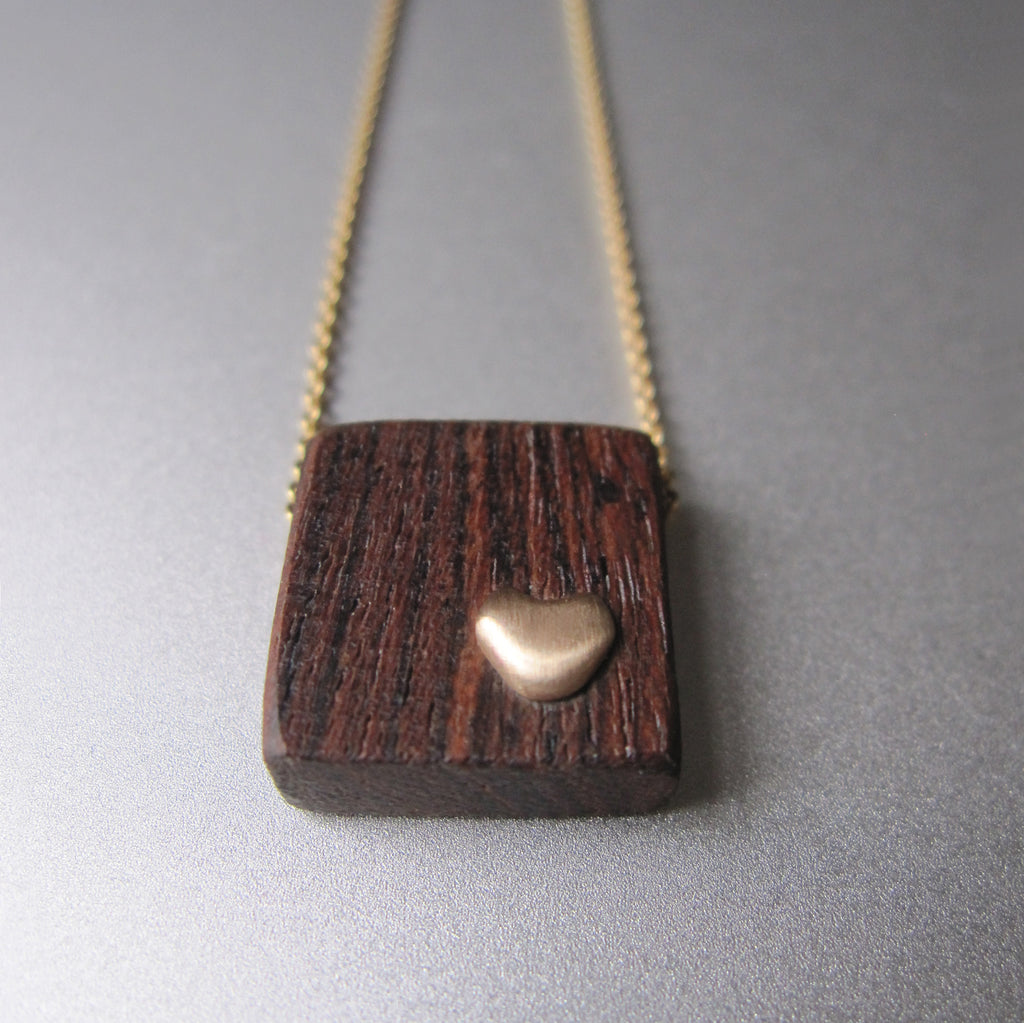 recycled wood and gold heart necklace solid 14k gold necklace valentine3
