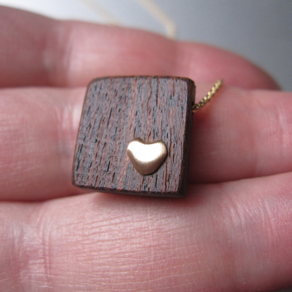 recycled wood and gold heart necklace solid 14k gold necklace valentine5