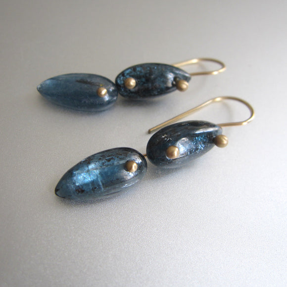 mossy blue kyanite smooth double drop solid 14k gold earrings