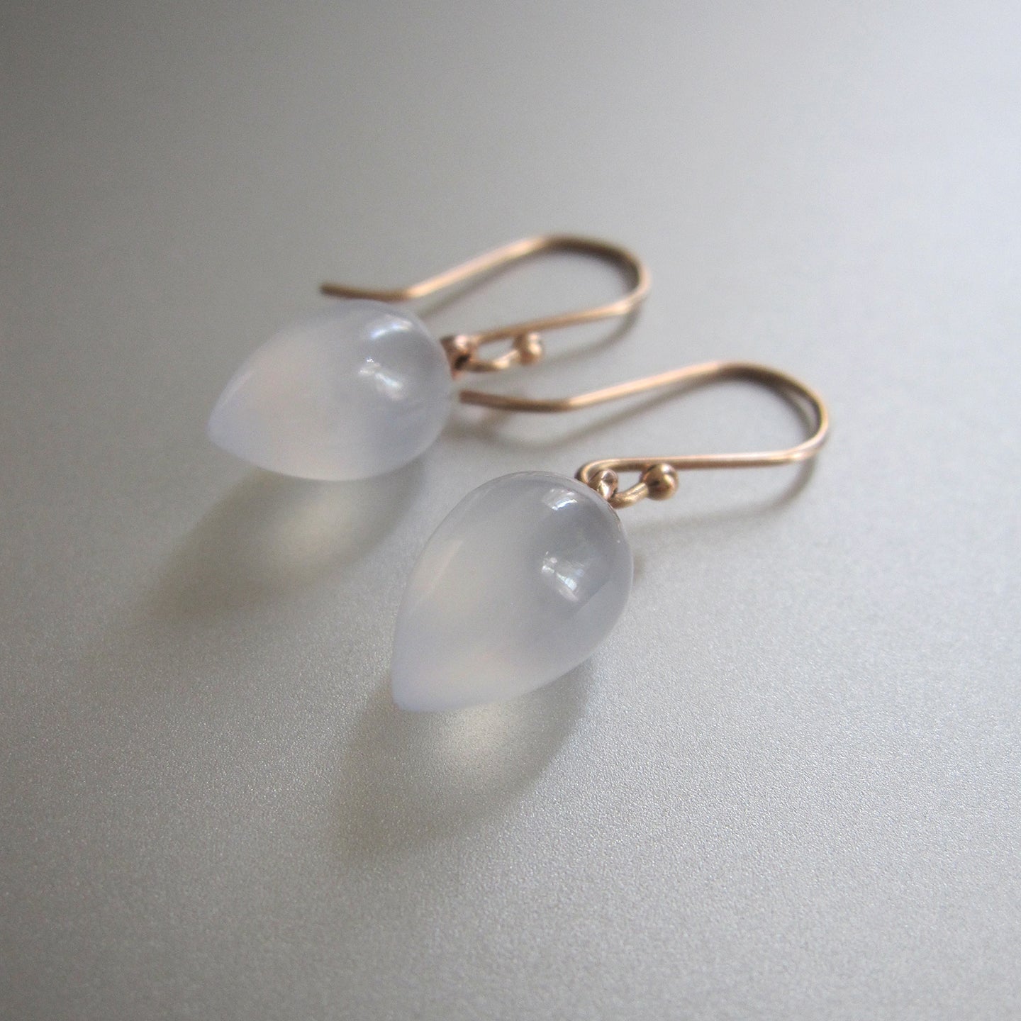 Light Blue Chalcedony Pointed Drops, Solid 14k Rose Gold Earrings